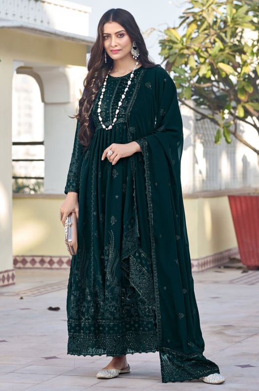 Teal Green Embroidered Georgette Anarkali Suit