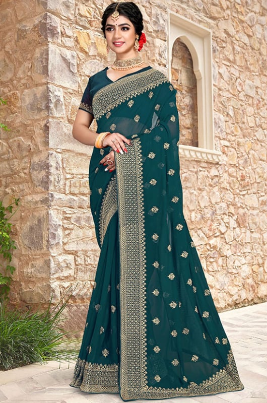 Teal Green Georgette Embroidered Saree