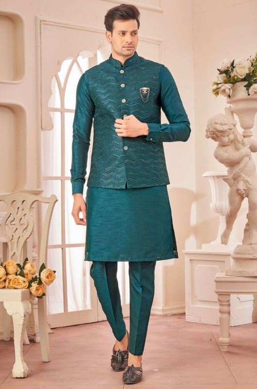 Teal Green Kurta with Pant and Jacket