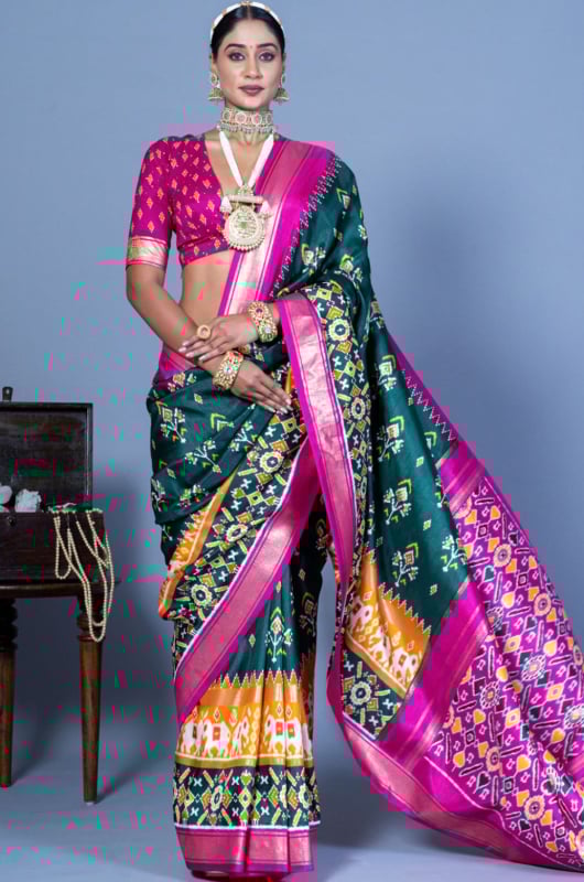 Teal Green Patola Print Viscose Silk Saree