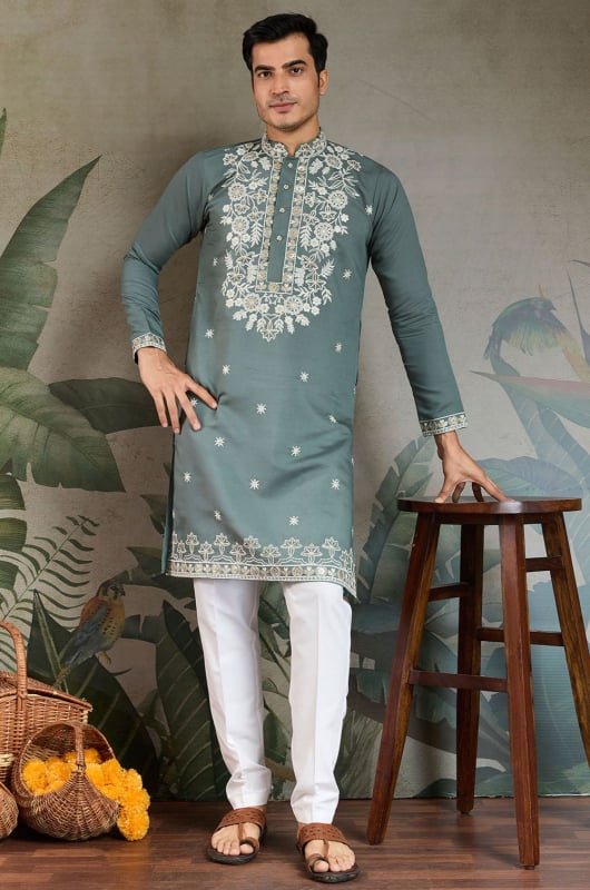 Teal Grey Embroidered Viscose Silk Kurta Set