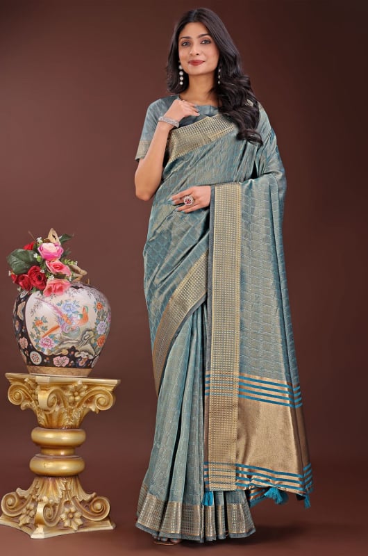 Teal Grey Organza Printed Saree