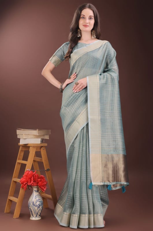 Teal Grey Organza Printed Saree