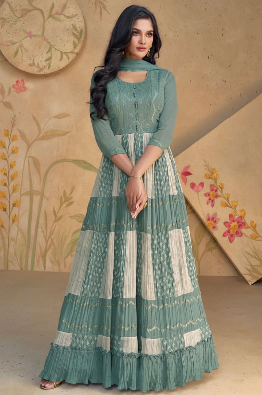 Teal Mint and Cream Georgette Anarkali Gown with Dupatta for Festival
