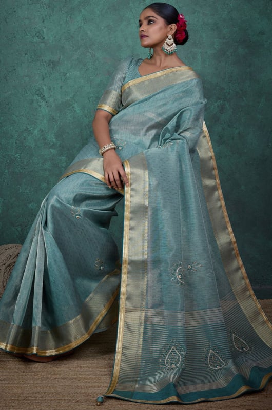 Teal Mint Embellished Linen Tissue Saree