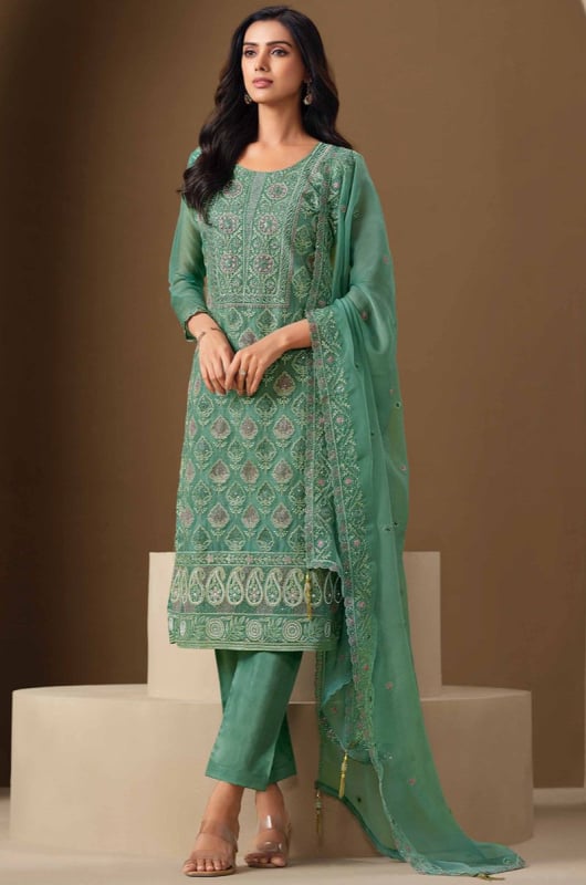 Teal Mint Lakhnavi Embroidered Chiffon Plus Size Suit