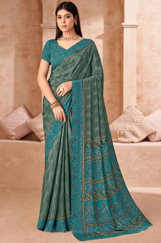 Teal Mint Printed Crepe Casual Saree