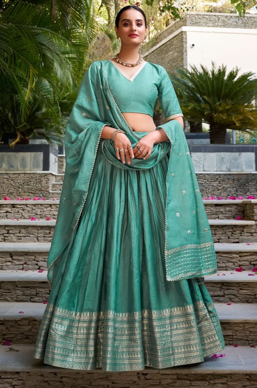 Teal Mint Pure Chanderi Lehenga Choli for Festival
