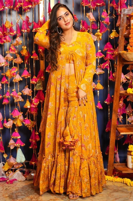 Turmeric Yellow Chinnon Plus Size IndoWestern