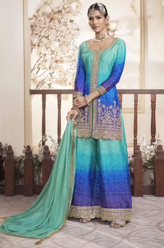 Turquoise and Royal Blue Embroidered Chinnon Silk Palazzo Suit