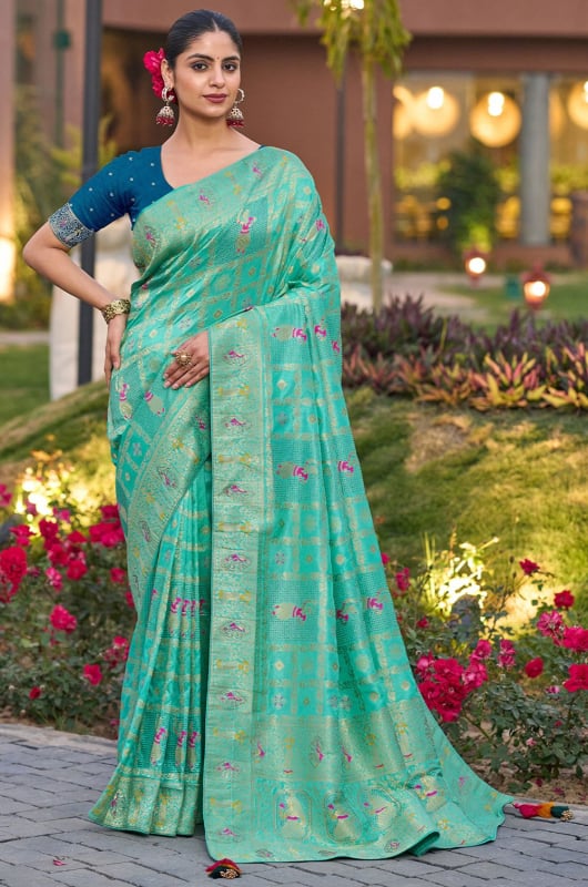 Turquoise Gharchola Style Woven Dola Silk Saree