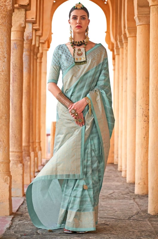 Turquoise Zari Woven Viscose Silk Saree