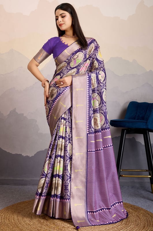 Violet Dola Satin Saree with Zari Patta