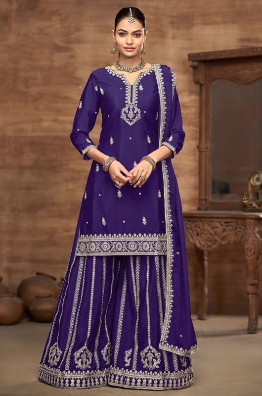 Violet Embroidered Chinnon Silk Palazzo Kameez