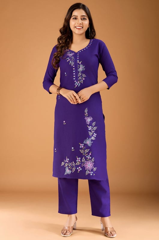Violet Embroidered Cotton Kurti with Pant