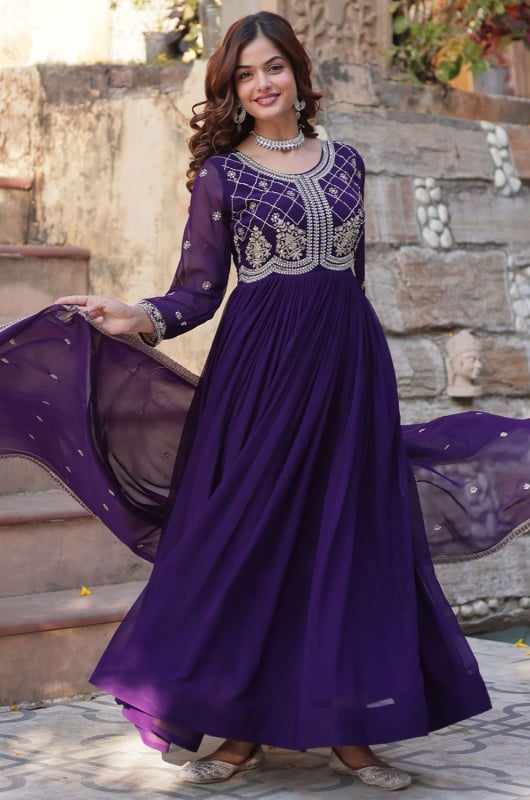 Violet Embroidered Faux Georgette Anarkali Gown with Dupatta