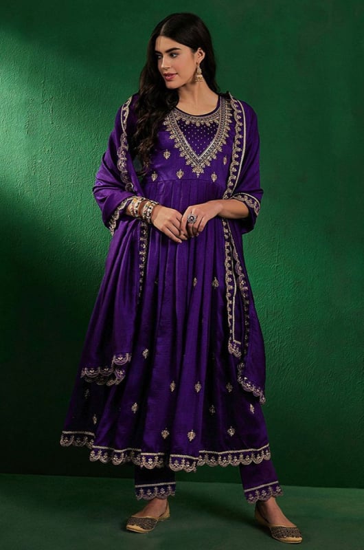 Violet Embroidered Silk Readymade Anarkali Suit