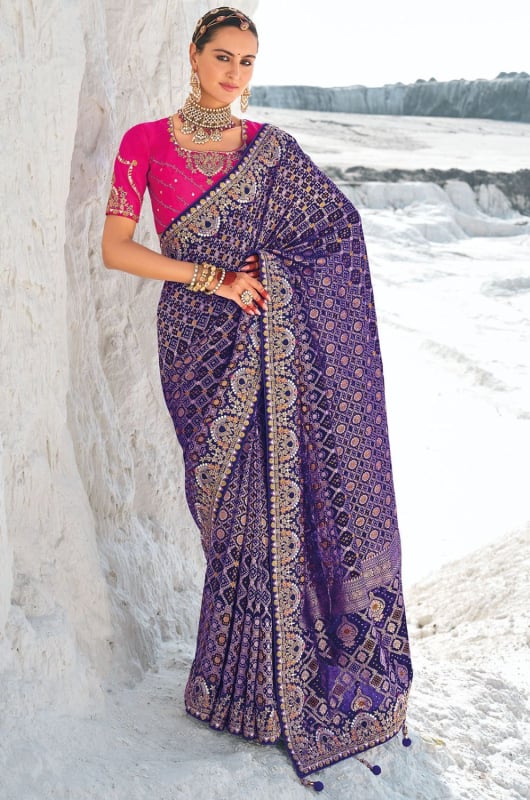 Violet Hand Embroidered Georgette Designer Saree for Wedding