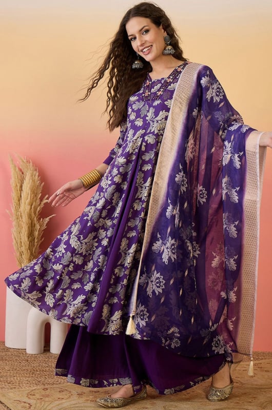 Violet Roman Silk Readymade Palazzo Kameez