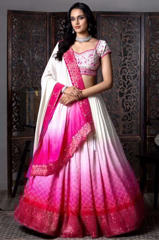 White and Hot Pink Pure Dola Silk Readymade Designer Lehenga Choli