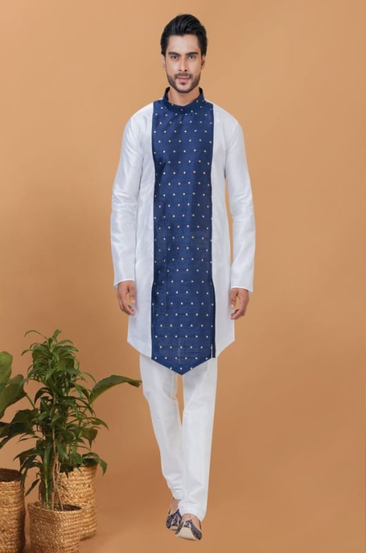 White and Navy Blue Banarasi Dupion Kurta Set