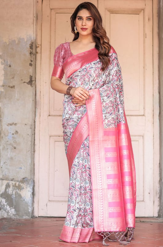White and Pink Banarasi Silk Saree