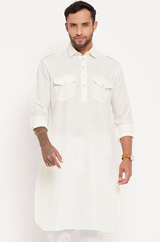 White Cotton Blend Pathani Kurta