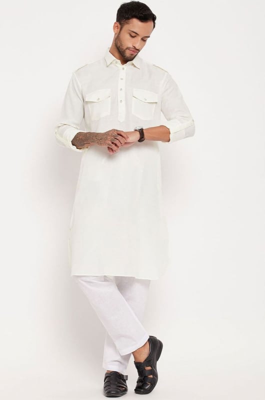 White Cotton Blend Pathani Kurta Set