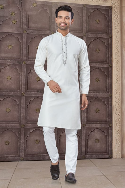 White Cotton Kurta Pyjama Set