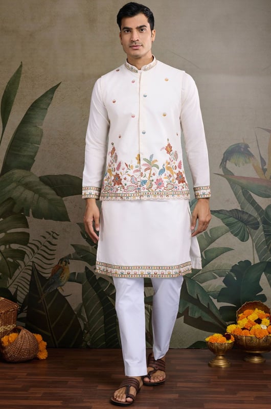 White Cotton Kurta Set with Embroidered Jacket