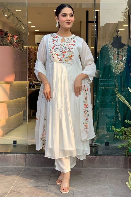 White Embroidered Viscose Chinnon Readymade Anarkali Suit