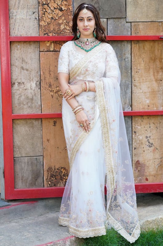 White Net Embroidered Party Wear Saree