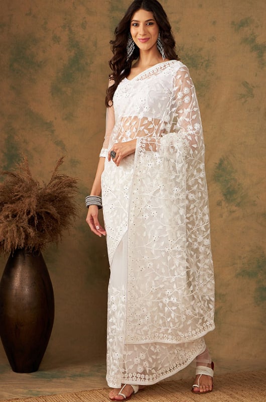 White Net Party Wear Saree