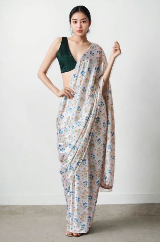 White Printed Chinnon Partywear Saree