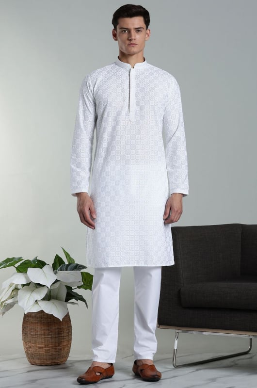 White Rayon Cotton Chikan Embroidered Kurta Pyjama Set