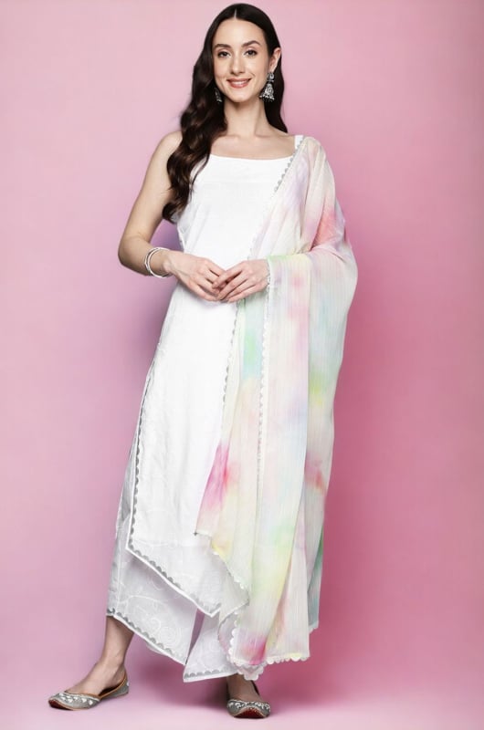 White Readymade Palazzo Kameez Suit