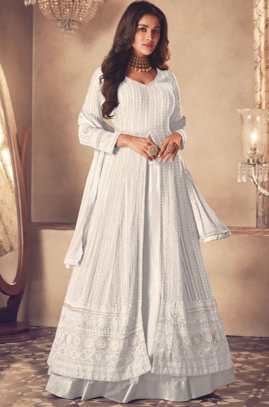 White Resham Embroidered Georgette Lehenga Kameez