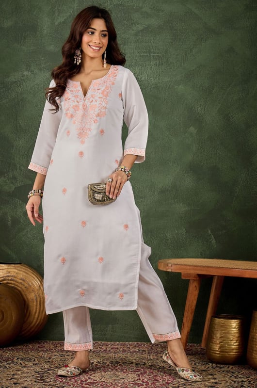 White Silk Blend Embroidered Kurta with Bottom
