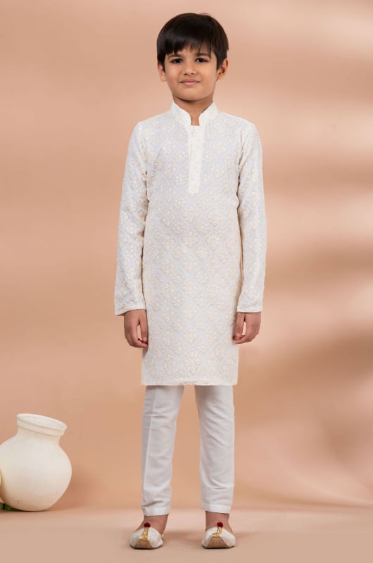 White Viscose Boys Embroidered Kurta Set