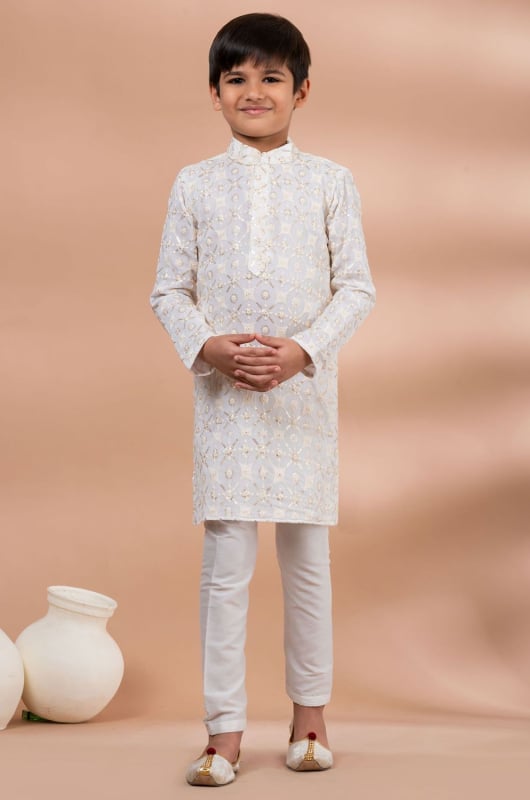 White Viscose Boys Embroidered Kurta Set