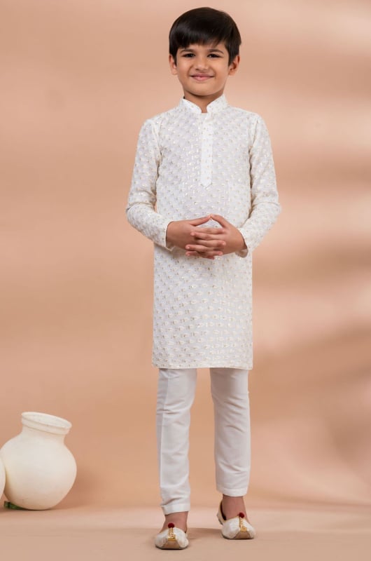 White Viscose Boys Embroidered Kurta Set