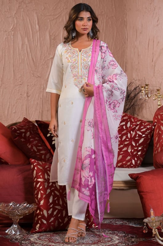 White Viscose Chanderi Readymade Pant Kameez