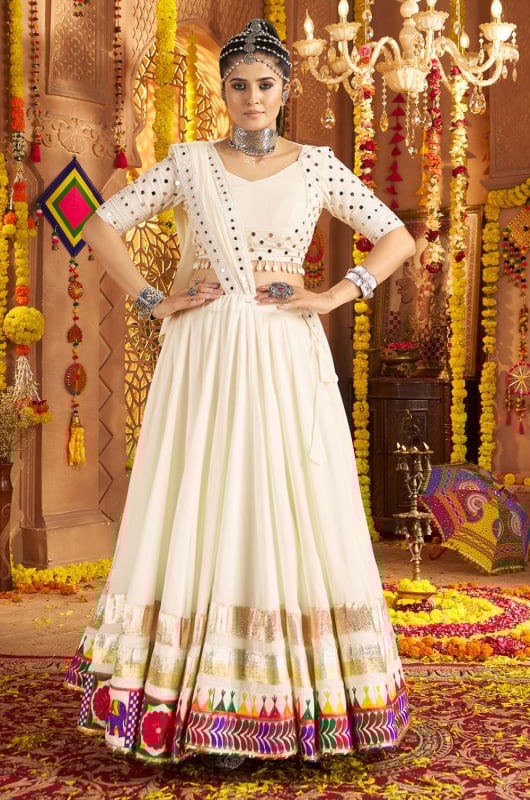 White Viscose Rayon Embroidered Chaniya Choli for Festival