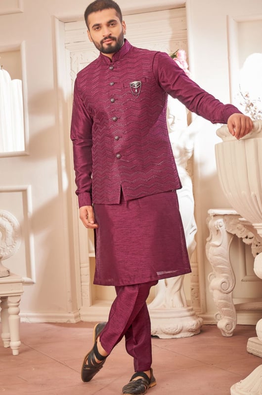 Wine Art Silk Kurta with Aligadhi Pant and Jacket