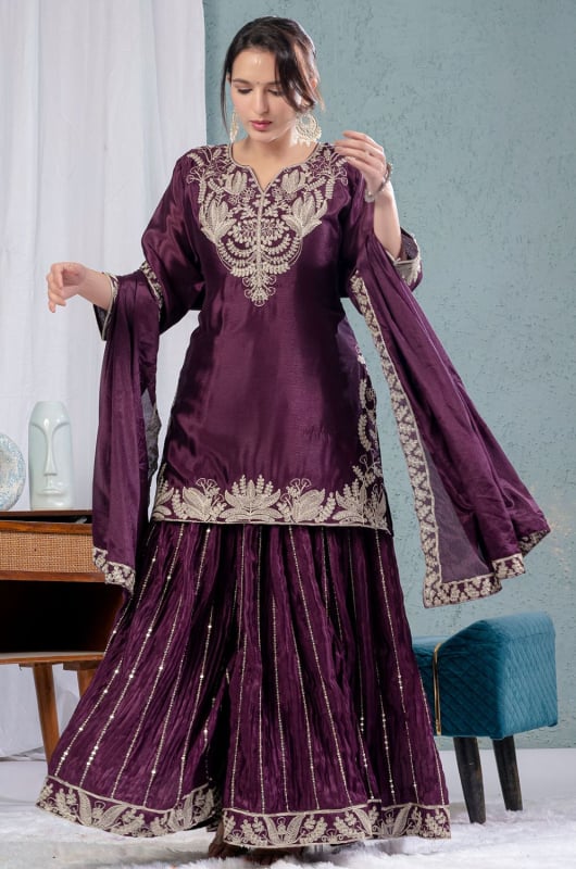 Wine Chinnon Silk Readymade Palazzo Kameez Suit