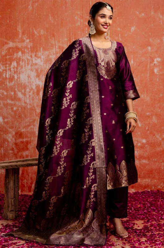 Wine Cotton Silk Blend Readymade Suit