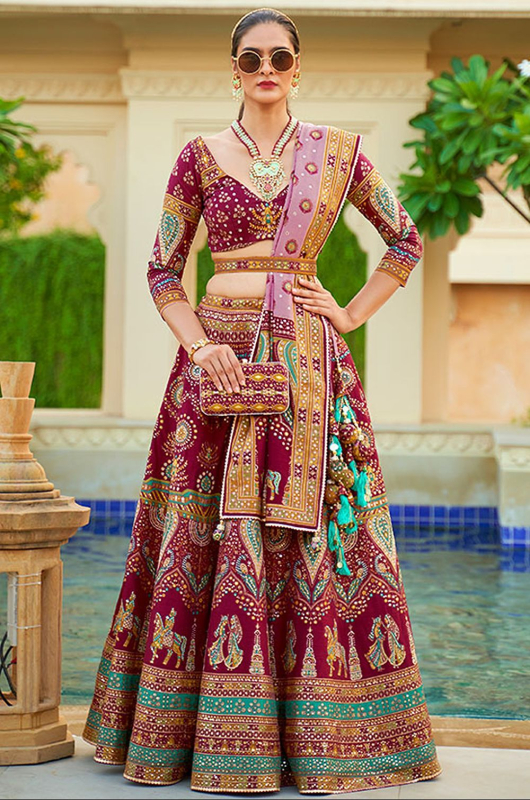 Wine Embellished Rajwadi Silk Designer Lehenga Choli