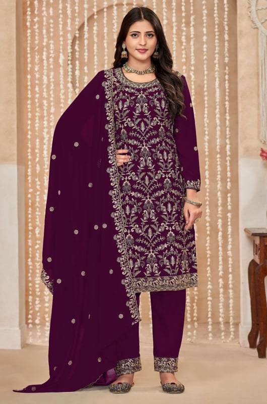 Wine Embroidered Faux Georgette Pant Kameez
