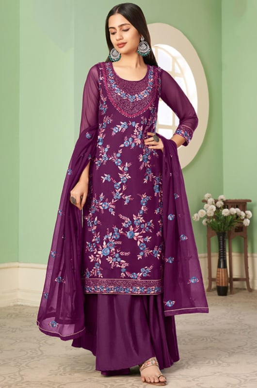 Wine Embroidered Georgette Designer Sarara Kameez Suit