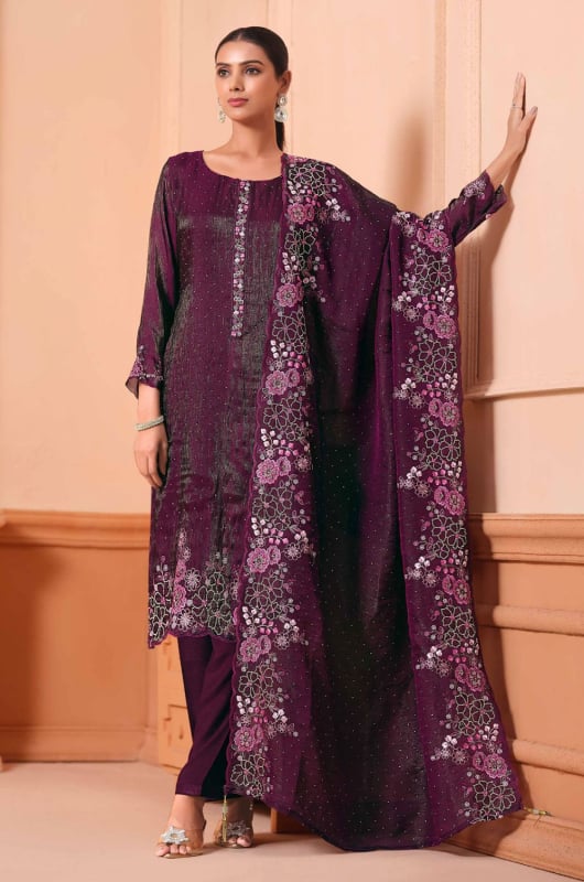 Wine Embroidered Pant Kameez Suit